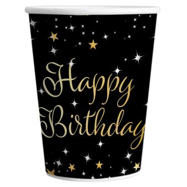 Gobelets anniversaire adulte Happy Birthday étoiles noir et or 266 ml | jourdefete.com