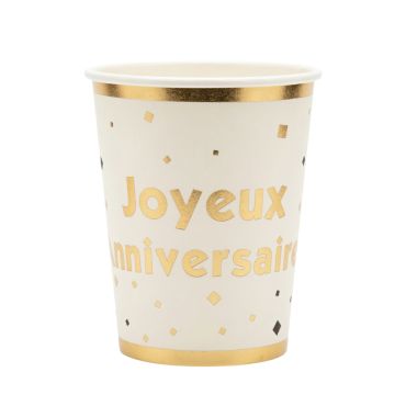 Gobelets en carton blanc avec bordures dorées et texte Joyeux Anniversaire | jourdefete.com Gobelets en carton blanc avec bordures dorées et texte Joyeux Anniversaire | jourdefete.com