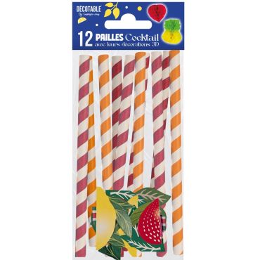 Lot de 12 pailles cocktail rayées avec décorations fruits exotiques 3D | jourdefete.com Lot de 12 pailles cocktail rayées avec décorations fruits exotiques 3D | jourdefete.com