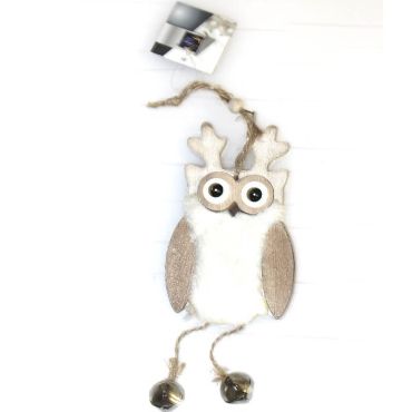 Suspension Noël - Bois - Hibou avec Grelots - Blanc
