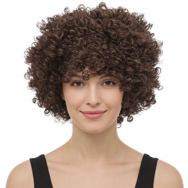 Femme portant une perruque volumineuse aux boucles serrées de couleur brune pour soirée à thème | jourdefete.com Femme portant une perruque volumineuse aux boucles serrées de couleur brune pour soirée à thème | jourdefete.com