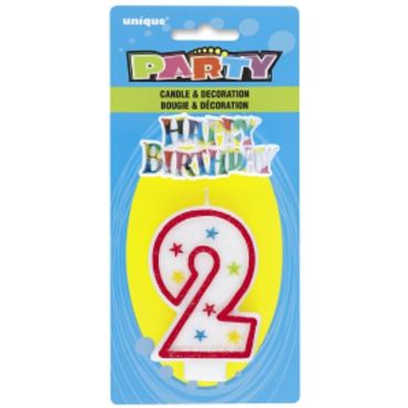 Bougie d'Anniversaire Chiffre 2 - Blanc et Rouge à étoiles avec décor Bougie d'Anniversaire Chiffre 2 - Blanc et Rouge à étoiles avec décor