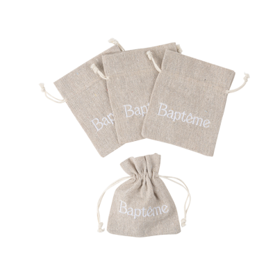 Pochons en lin brodés "Baptême" pour dragées et souvenirs | jourdefete.com Pochons en lin brodés "Baptême" pour dragées et souvenirs | jourdefete.com