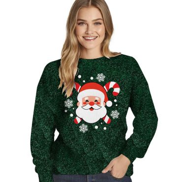 Pull de Noël pailleté Père Noël femme vert sapin avec cannes à sucre et flocons | jourdefete.com Pull de Noël pailleté Père Noël femme vert sapin avec cannes à sucre et flocons | jourdefete.com