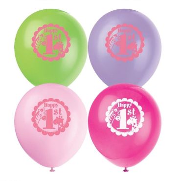 Sachet de 8 ballons Safari "Premier anniversaire" - Rose