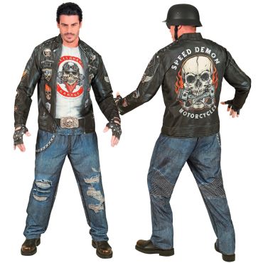 Costume motard homme Speed Demon avec veste biker skull et pantalon effet jean | jourdefete.com Costume motard homme Speed Demon avec veste biker skull et pantalon effet jean | jourdefete.com