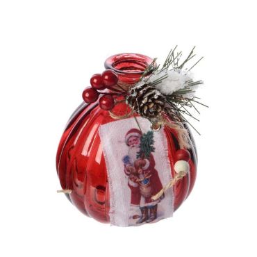 Bouteille ronde rouge en verre avec décor du Père Noël sur tissu Bouteille ronde rouge en verre avec décor du Père Noël sur tissu