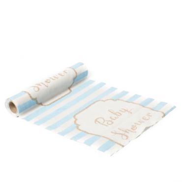 Chemin de Table Baby Shower en Lin Rayé - Bleu, Blanc et Or Chemin de Table Baby Shower en Lin Rayé - Bleu, Blanc et Or