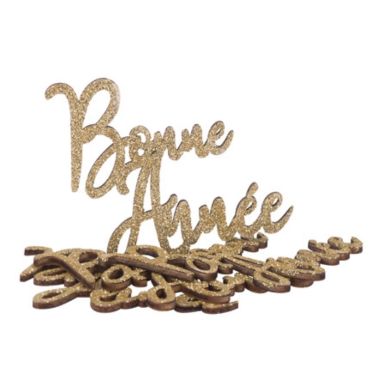 Sachet de 4 Décorations - Bois - Bonne Année - Paillettes Or