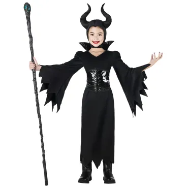 Fille portant un déguisement de reine maléfique noire avec une longue robe aux manches évasées et une coiffe à cornes pour Halloween | jourdefete.com