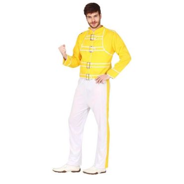 Déguisement pour homme inspiré de Freddie Mercury avec veste jaune et pantalon blanc, style rock iconique. Déguisement pour homme inspiré de Freddie Mercury avec veste jaune et pantalon blanc, style rock iconique.