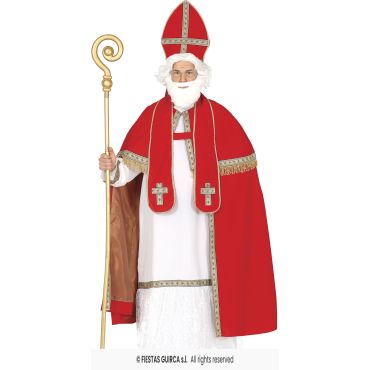 Un homme vieilli porte le déguisement de Saint Nicolas avec une cape rouge brodée, le chapeau, la tunique et l'écharpe. La crosse qu'il porte dans sa main droite est à ajouter en supplément | Jourdefete.com Un homme vieilli porte le déguisement de Saint Nicolas avec une cape rouge brodée, le chapeau, la tunique et l'écharpe. La crosse qu'il porte dans sa main droite est à ajouter en supplément | Jourdefete.com