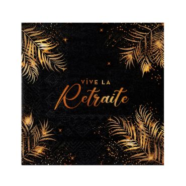 Serviettes cocktail Vive la Retraite or avec feuillages en noir pour fête de départ à la retraite | jourdefete.com Serviettes cocktail Vive la Retraite or avec feuillages en noir pour fête de départ à la retraite | jourdefete.com