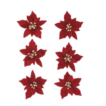 Lot de 6 fleurs poinsettias en velours rouge avec pistils dorés Ø 5,5 cm | jourdefete.com Lot de 6 fleurs poinsettias en velours rouge avec pistils dorés Ø 5,5 cm | jourdefete.com