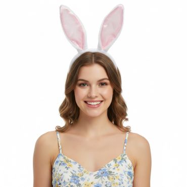 Serre-tête lapin à grandes oreilles porté par un modèle souriant | jourdefete.com