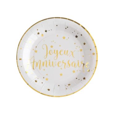 10 Assiettes "Joyeux Anniversaire" - Blanc / Or 10 Assiettes "Joyeux Anniversaire" - Blanc / Or