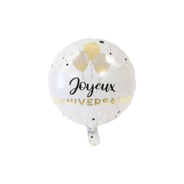 Ballon mylar rond "Joyeux Anniversaire" blanc et or avec ballons imprimés | jourdefete.com Ballon mylar rond "Joyeux Anniversaire" blanc et or avec ballons imprimés | jourdefete.com