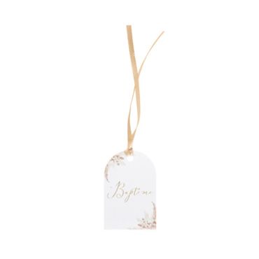 étiquette avec ruban de satin taupe en carton de la Collection Pampas, Fleurs de Coton et Or étiquette avec ruban de satin taupe en carton de la Collection Pampas, Fleurs de Coton et Or