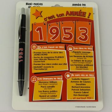Bloc-notes et Stylo Année de naissance 1953 Bloc-notes et Stylo Année de naissance 1953