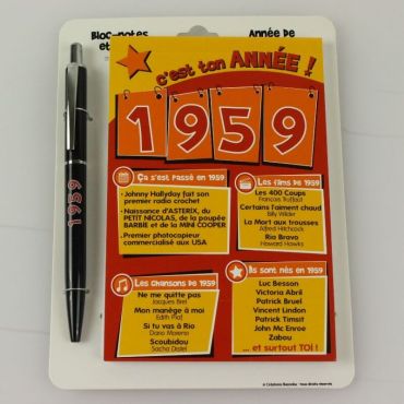Bloc-notes et Stylo Année de naissance 1959 Bloc-notes et Stylo Année de naissance 1959
