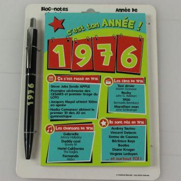 Bloc-notes et Stylo Année de naissance 1976 Bloc-notes et Stylo Année de naissance 1976