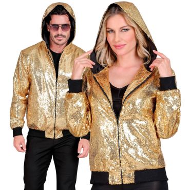 Homme et femme portant un bomber à capuche doré à sequins brillants | jourdefete.com Homme et femme portant un bomber à capuche doré à sequins brillants | jourdefete.com