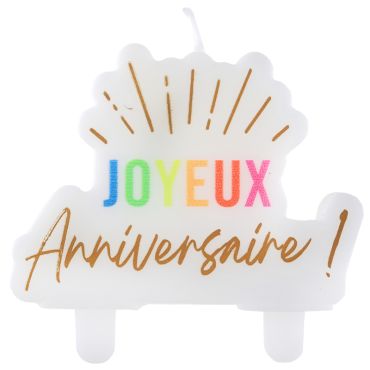 Bougie d’anniversaire Joyeux Anniversaire blanche avec lettrage doré et coloré | jourdefete.com Bougie d’anniversaire Joyeux Anniversaire blanche avec lettrage doré et coloré | jourdefete.com