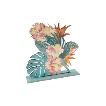 Bouquet de fleurs tropicales sur socle en bois pour décoration exotique | jourdefete.com Bouquet de fleurs tropicales sur socle en bois pour décoration exotique | jourdefete.com