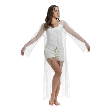 Femme portant une longue veste de festival transparente et pailletée, déclinée en couleur blanche | jourdefete.com Femme portant une longue veste de festival transparente et pailletée, déclinée en couleur blanche | jourdefete.com