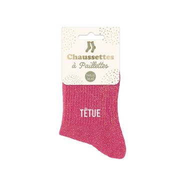 Chaussettes courtes à paillettes avec inscription "Têtue", coloris scintillant et tendance | jourdefete.com Chaussettes courtes à paillettes avec inscription "Têtue", coloris scintillant et tendance | jourdefete.com