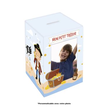 Tirelire personnalisable enfant thème pirate avec coffre au trésor | jourdefete.com