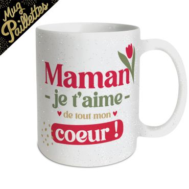 Mug blanc scintillant à paillettes avec message tendre pour la fête des mères, décoré de tulipes rouges et de détails dorés | jourdefete.com Mug blanc scintillant à paillettes avec message tendre pour la fête des mères, décoré de tulipes rouges et de détails dorés | jourdefete.com