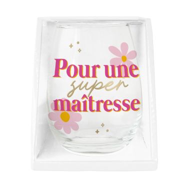 Verre rond transparent avec l'inscription rose et dorée Pour une super maîtresse entourée de fleurs | jourdefete.com Verre rond transparent avec l'inscription rose et dorée Pour une super maîtresse entourée de fleurs | jourdefete.com