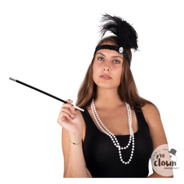 Set Charleston bandeau noir, collier de perles et fume-cigarette | jourdefete.com
