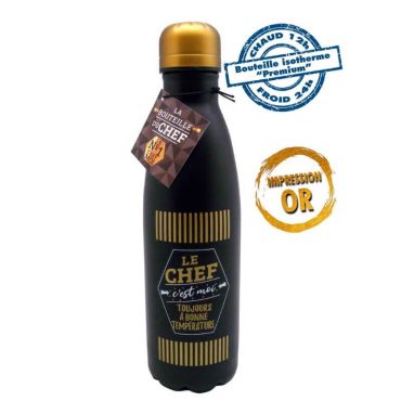 Bouteille isotherme noire et dorée le chef c'est moi, toujours à la bonne température. Bouteille isotherme noire et dorée le chef c'est moi, toujours à la bonne température.
