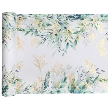Un chemin de table avec des feuilles vertes et dorées pour la table de votre événement | jourdefete.com Un chemin de table avec des feuilles vertes et dorées pour la table de votre événement | jourdefete.com