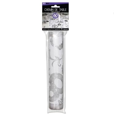 Chemin de table Anniversaire blanc motifs paillettes Argent – 60 ans | jourdefete.com Chemin de table Anniversaire blanc motifs paillettes Argent – 60 ans | jourdefete.com