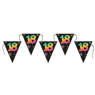 Banderole 18 ans Festicolor avec fanions noirs et motifs colorés | jourdefete.com Banderole 18 ans Festicolor avec fanions noirs et motifs colorés | jourdefete.com