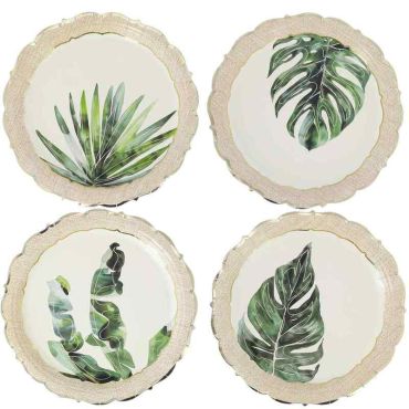 Assiettes carton feuillage tropical vert et crème effet cannage Coco Palm | jourdefete.com Assiettes carton feuillage tropical vert et crème effet cannage Coco Palm | jourdefete.com