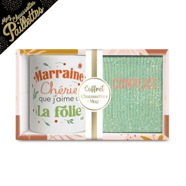 Coffret cadeau mug et chaussettes pailletées pour marraine | jourdefete.com Coffret cadeau mug et chaussettes pailletées pour marraine | jourdefete.com