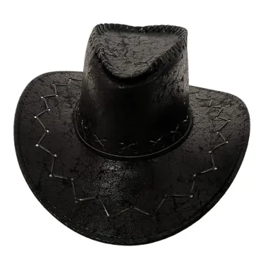 Chapeau de cowboy noir avec détails couture et effet cuir patiné | jourdefete.com