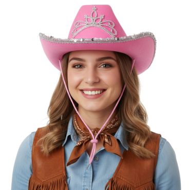 Chapeau de cowgirl rose avec diadème scintillant pour fête et déguisement | jourdefete.com Chapeau de cowgirl rose avec diadème scintillant pour fête et déguisement | jourdefete.com