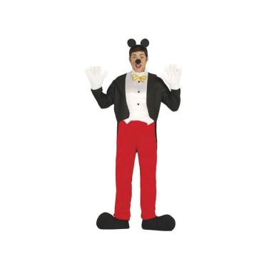 Déguisement homme souris célèbre avec pantalon rouge, veste noire, gants blancs et oreilles rondes, parfait pour carnaval ou soirée déguisée. Déguisement homme souris célèbre avec pantalon rouge, veste noire, gants blancs et oreilles rondes, parfait pour carnaval ou soirée déguisée.