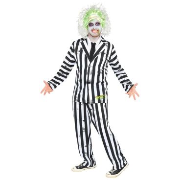 Homme déguisé en Beetlejuice avec costume rayé et perruque verte | jourdefete.com Homme déguisé en Beetlejuice avec costume rayé et perruque verte | jourdefete.com