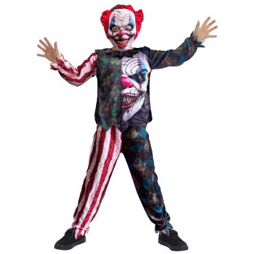 Garçon portant un déguisement de clown maléfique terrifiant avec masque effrayant pour Halloween | jourdefete.com Garçon portant un déguisement de clown maléfique terrifiant avec masque effrayant pour Halloween | jourdefete.com