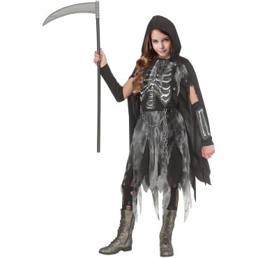 Jeune fille déguisée en faucheuse squelette avec cape noire | jourdefete.com Jeune fille déguisée en faucheuse squelette avec cape noire | jourdefete.com