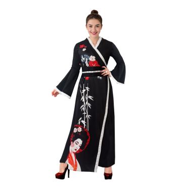 Femme portant un déguisement geisha noir avec imprimé traditionnel japonais | jourdefete.com Femme portant un déguisement geisha noir avec imprimé traditionnel japonais | jourdefete.com