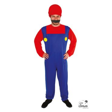 Déguisement homme plombier rouge et bleu avec chapeau et moustache | jourdefete.com