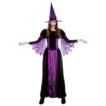 Femme portant un déguisement de sorcière noir et violet avec un chapeau pointu pour Halloween | jourdefete.com Femme portant un déguisement de sorcière noir et violet avec un chapeau pointu pour Halloween | jourdefete.com