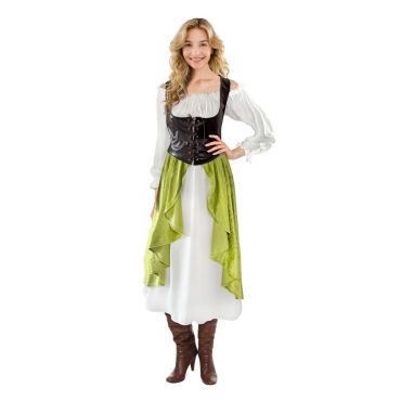 Femme déguisée en tavernière médiévale avec robe et corset | jourdefete.com Femme déguisée en tavernière médiévale avec robe et corset | jourdefete.com